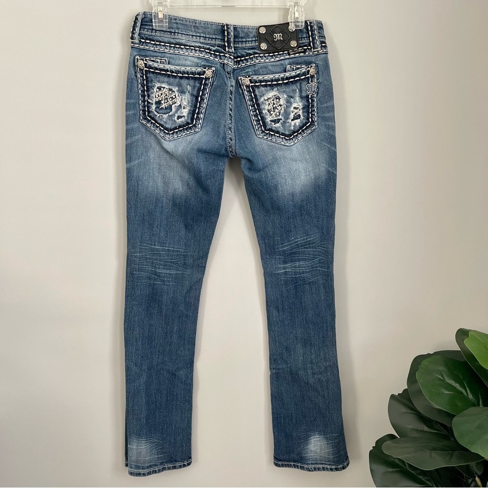 Miss Me Distressed Thick Stitch Boot Jeans w/Bling 28